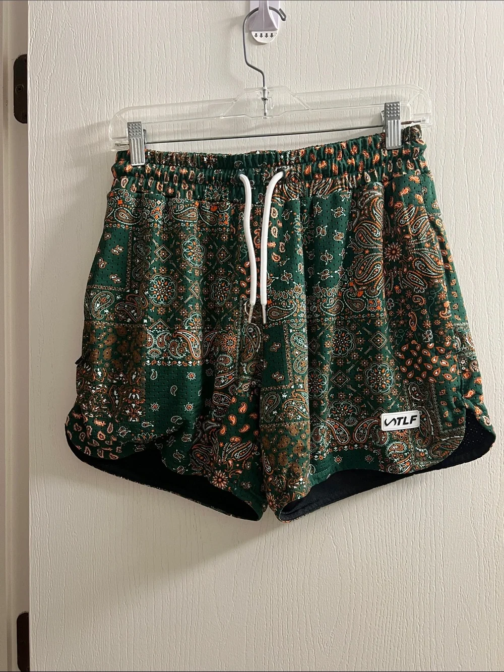 VTLF Green Paisley Athletic Shorts with Drawstring Waist